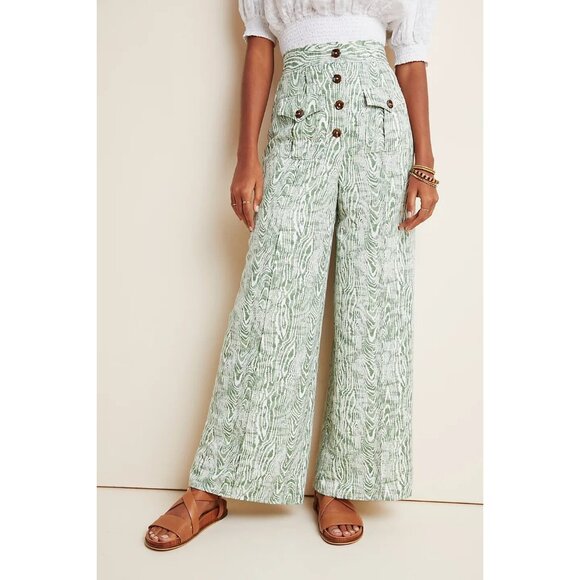 C/Meo Collective Arbor Wide-Leg Pants Sz M Green/White Woodgrain Print Bohemian